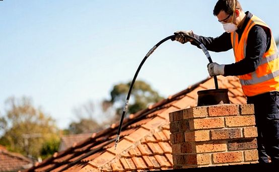 Two techs working rods and a camera line at a flue